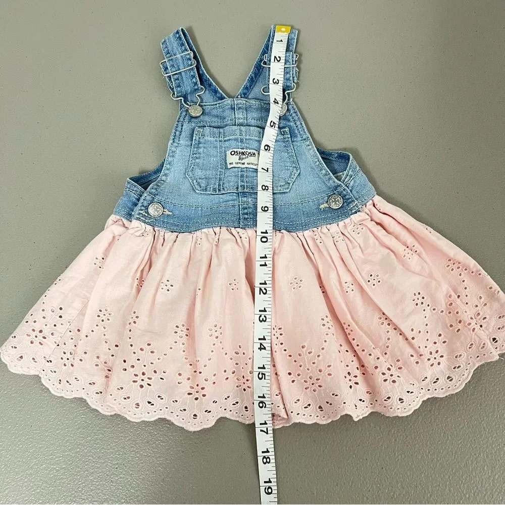 OshKosh B'gosh Denim and Eyelet Overall Dress Size 12 Months Pink